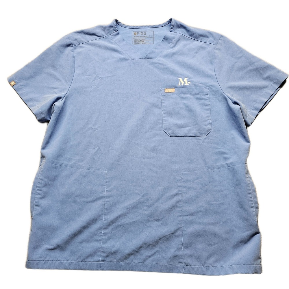 FIGS Technical Collection Scrub Top Womens L Blue Short Sleeve V-Neck Pullover